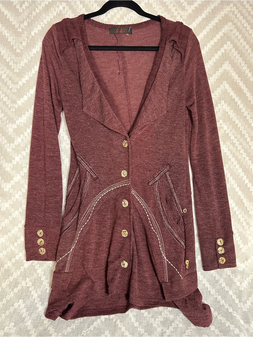 Burgundy Knit Button-Front Hooded Top